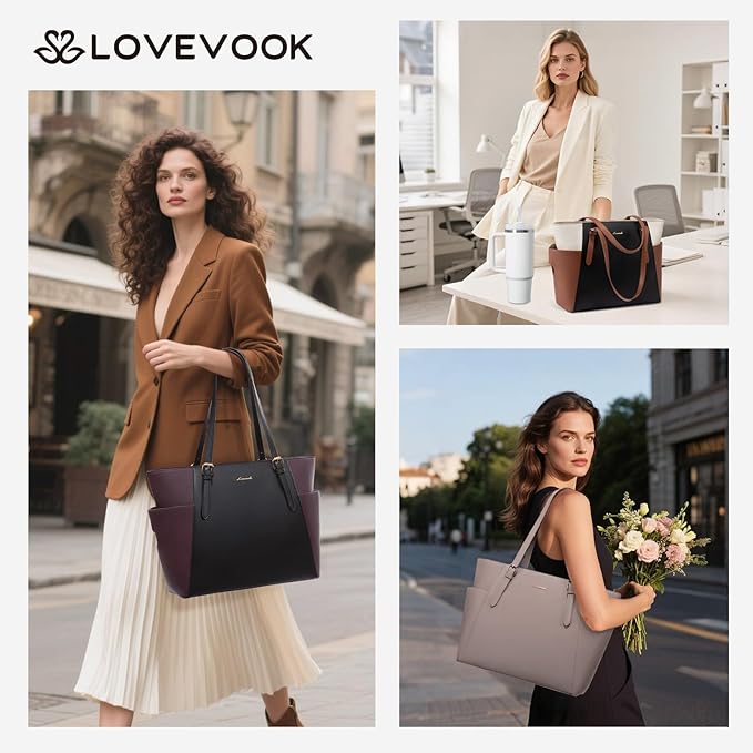 LOVEVOOK Laptop Tote Bag for Women With Large Cup Holder, Leather Work Tote Bag for Women,17.3 Inch Professional Computer Briefcase Business Teacher Commuter Shoulder Bag,Office Travel Gift