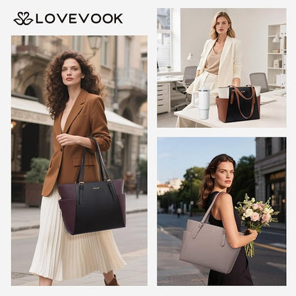 LOVEVOOK Laptop Tote Bag for Women With Large Cup Holder, Leather Work Tote Bag for Women,17.3 Inch Professional Computer Briefcase Business Teacher Commuter Shoulder Bag,Office Travel Gift