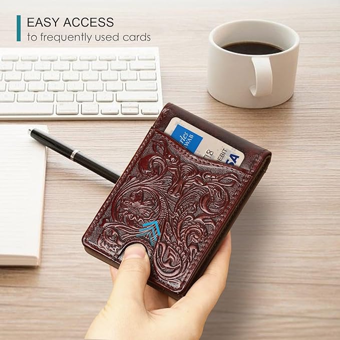 Pefiam Full Grain Leather Bifold Wallet for Men - 11 Slots, RFID Blocking, Gifts for Men - Cowboy Red