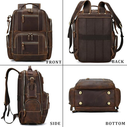 Vintage Full Grain Leather Backpack for Men, 16" Laptop Rucksack For Men Hiking Trave Work Business Bag, 9517 Brown