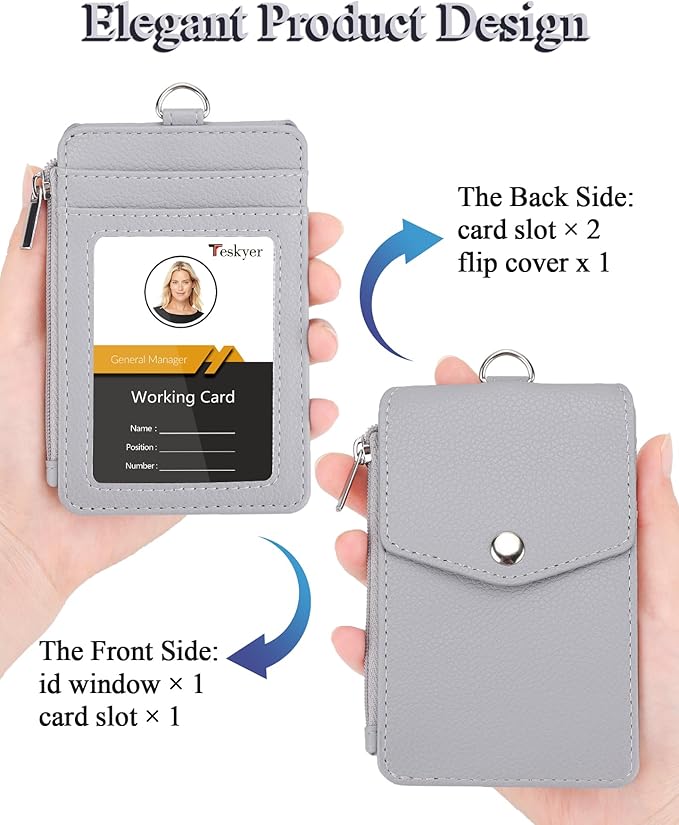 Teskyer Badge Holder with Side Zip Pocket, Multiple Card Slots Leather ID Holder Wallet with Neck Lanyard for Office Staffs, Teachers/Students, Workers, Cruise Cards, Bus/Metro Cards, Lichee Gray