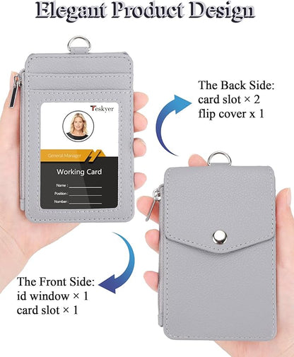 Teskyer Badge Holder with Side Zip Pocket, Multiple Card Slots Leather ID Holder Wallet with Neck Lanyard for Office Staffs, Teachers/Students, Workers, Cruise Cards, Bus/Metro Cards, Lichee Gray