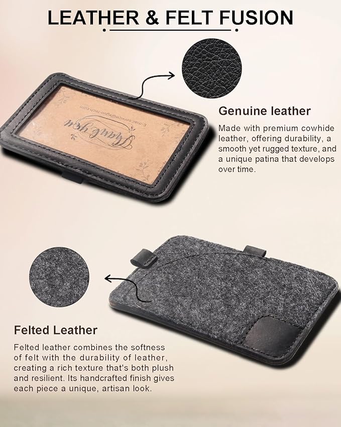 Genuine Badge Holder with Leather Lanyard, Soft Leather ID Card Holder with a Detachable Metal Clip, Clear Window, 2 Card Slots for Office & School IDs, Work Name Cards (Pitch-Black 03)