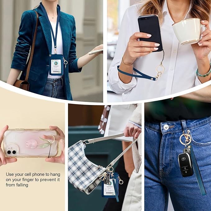 Bolimoss 2-in-1 Badge & Lanyard Wallet - Multiple Slot Leather ID Holder with Wristlet & Neck Lanyard for Cruise Ship, Credit Cards, Office/School ID, Work Name Cards - Navy Blue