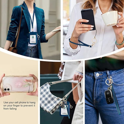 Bolimoss 2-in-1 Badge & Lanyard Wallet - Multiple Slot Leather ID Holder with Wristlet & Neck Lanyard for Cruise Ship, Credit Cards, Office/School ID, Work Name Cards - Navy Blue