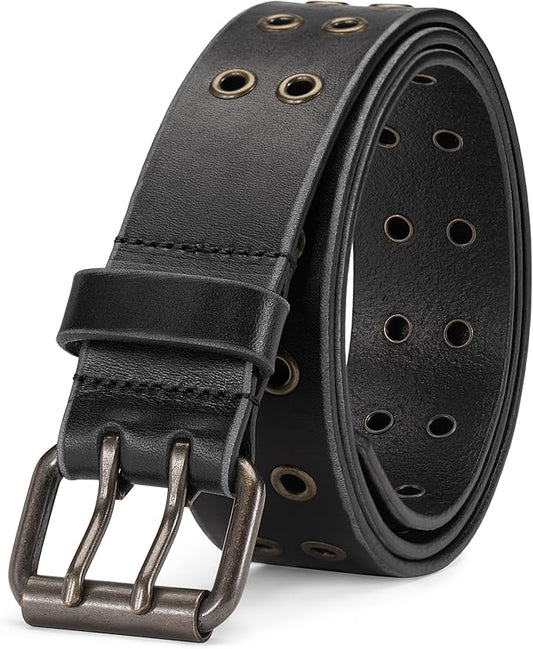 1.5" Double Hole Full Grain Leather Belt - Vintage Distressed Casual Belt for Men Women with Double Prong Buckle