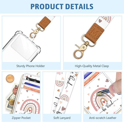 Be Kind Rainbow Lanyard Wallet with ID Badge Holder, Cute Small RFID Wallet Women Keychain Wristlet, Slim Credit Card Holder with Zipper Pocket Phone Lanyard Wrist Strap Name Tag Office Teacher Gift