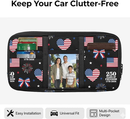 250th USA Anniversary Car Sun Visor Organizer Auto Visor Multi-Pocket Storage Pouch Holder Vehicle Visor Net Personal Belonging Pouch for Card Pen Phone