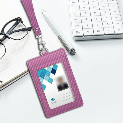 Carbon Fiber Work ID Card Holder with Lanyard is a Stylish and Durable Card Holder with Dual Card Capacity, Clear Display Window and Privacy Back Pocket (Pink)