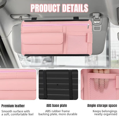 Hovom Car Visor Organizer, Leather Multi-Pocket Auto Sun Visor Storage Pouch with Sunglasses Holder, Card Holder, Zipper Pocket, Net Pocket, Pen Slot, Universal Interior Car Accessories (Pink)