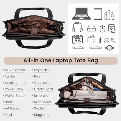 LOVEVOOK Laptop Tote for Women - 15.6 Inch Professional PU Leather Computer Briefcase, Waterproof Handbag, Large Capacity Business Teacher Office Bag, Crossbody Purse - Black