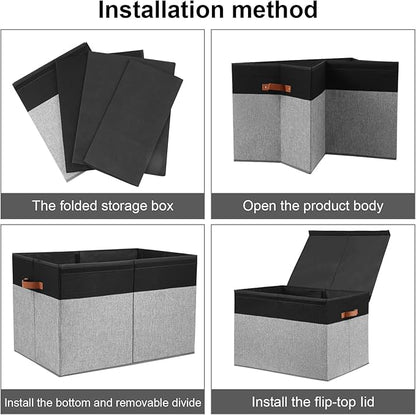 Gowee Large Toy Storage Box with Lid, Sturdy Toys Storage Chest Bin Organizer Basket with Dividers for Kids, Boys, Girls, Nursery, Closet, Bedroom, Playroom 26"x17" x17" (Black and Grey)