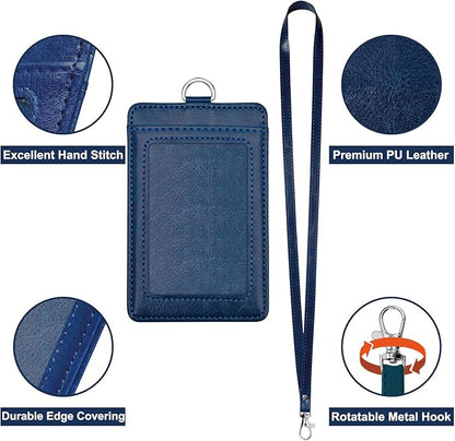Life-Mate ID Badge Holder with 1 Clear ID Window, 1 Credit Card Slot and PU Leather Lanyard for Badge, Credit Cards, College ID Cards in Blue