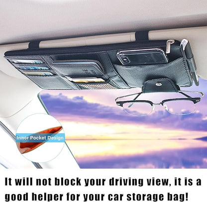 Augeny Car Sun Visor Organizer, Leather Personal Belonging Storage Pouch with Zipper, Car Visor Storage Pouch Sunglasses Holder, Auto Interior Accessories Pocket Organizers (Black)