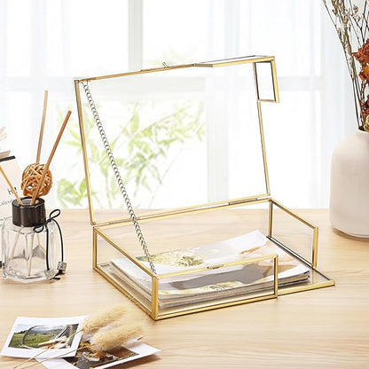 Hipiwe Gold Glass Photo Box,Vintage Photo Storage Organizer, Trinket Box Jewelry Display Organizer Keepsake Box Case Home Decor (Small)