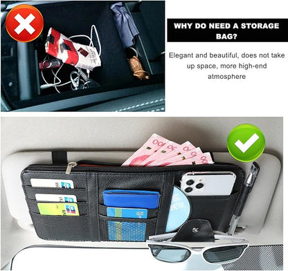 Ohleats Car Sun Visor Organizer, Multifunctional Visor Storage Holder for License Pen Key, Leather Card Cash Pouch with Multi-Pocket Net Zipper, Universal Interior Car Accessories (Black)