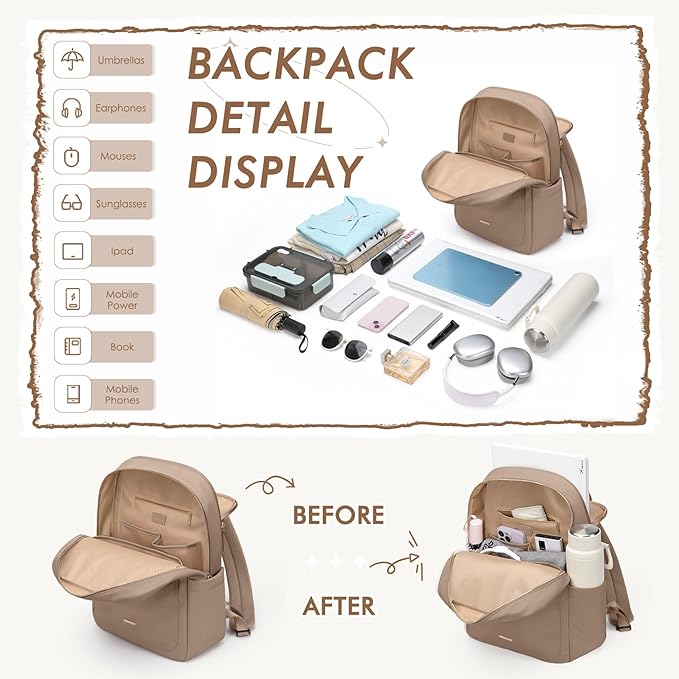 Laptop Backpack for Women,Casual Work Business Backpacks Purse Carry on Travel Backpack,17.3 Inch,Champagne Brown