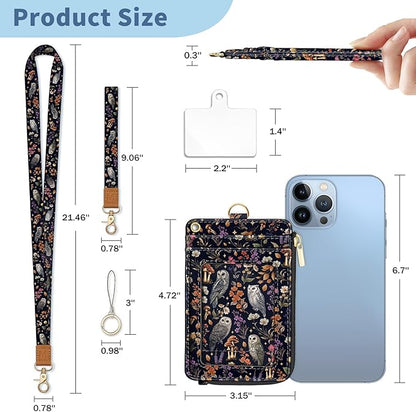 Lanyard Wallet with Id Badge Holder, Owl RFID Small Keychain Wallet Women Wristlet, Floral Zipper Credit Card Holder Phone Wrist Neck Strap for Key Name Tag, Teacher Student Office Gifts