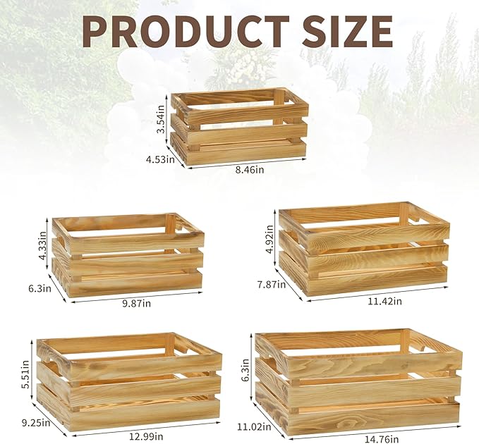 5 Pcs Decorative Wood Crates for Display, 5 Size Large Farmhouse Wooden Basket for Storage Container and Decorations, Rustic Nesting Crates Decor Boxes with Handle