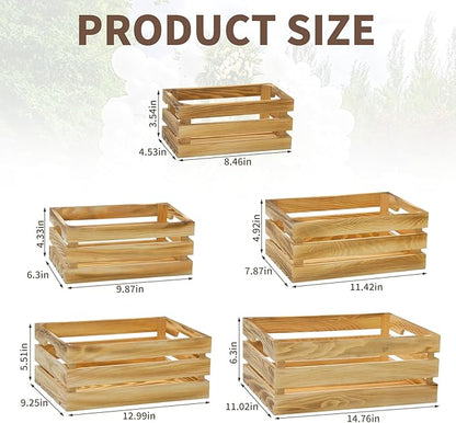 5 Pcs Decorative Wood Crates for Display, 5 Size Large Farmhouse Wooden Basket for Storage Container and Decorations, Rustic Nesting Crates Decor Boxes with Handle