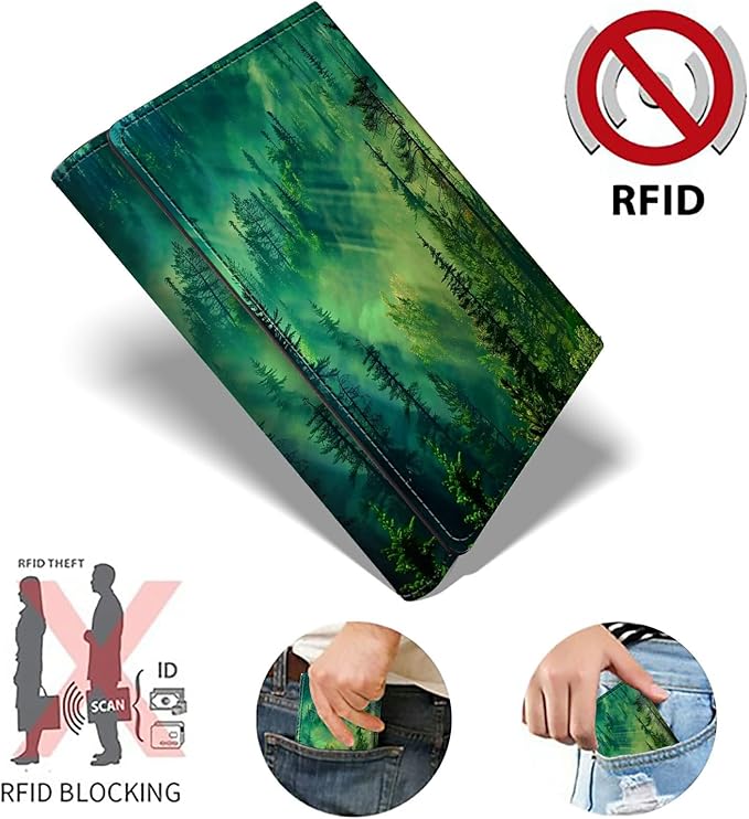 Forest Minimalist Wallet for Men Tarjeteros de hombres, Pop Up Card Case Wallet for Women, PU Leather Automatic Credit Card Holder Metal Money Clip Wallet RFID Blocking Bifold Pocket Wallet