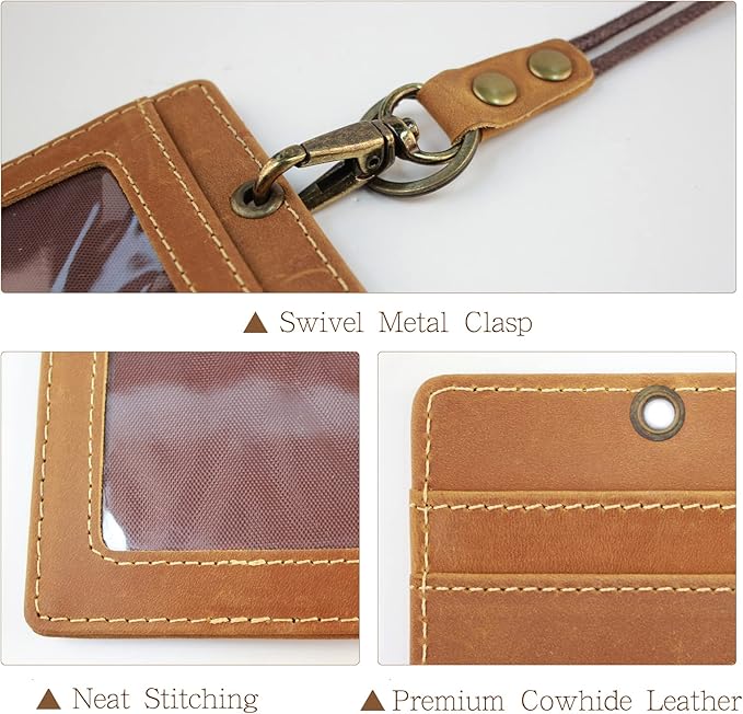 Office Badge Holder - Boshiho Genuine Leather Credit ID Card Holder with Neck Lanyard Pen Clip Vertical Style (Crazy Horse Leather Brown)