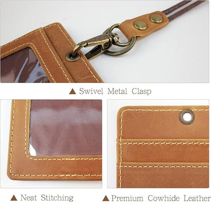 Boshiho Vertical Style Cowhide Leather ID Card Badge Holder with Heavy Duty Lanyard (Crazy Horse Leather)