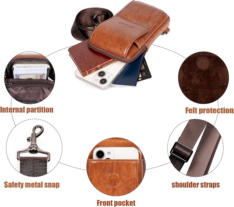 Small Crossbody Bag for Men Women - Genuine Leather Mini Sling Bag with Charging Port