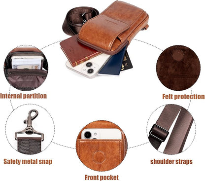 Small Crossbody Bag for Men Women - Genuine Leather Mini Sling Bag with Charging Port