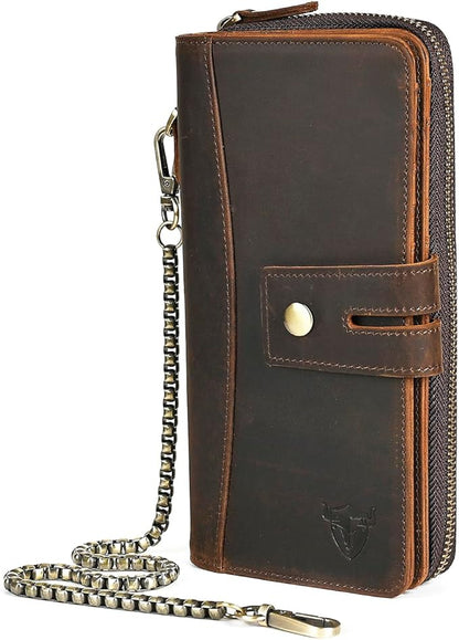 Genuine Crazy Horse Leather Travel Gift Coin Pocket Card Case Long Organizer Chain Rfid Wallet Purse With Snap For Men Male 1803 1815 (1814 Brown)