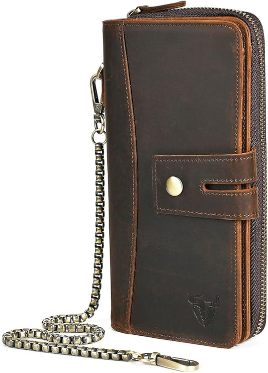 Genuine Crazy Horse Leather Travel Gift Coin Pocket Card Case Long Organizer Chain Rfid Wallet Purse With Snap For Men Male 1803 1815 (1814 Brown)