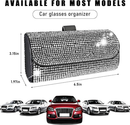 Ohleats Bling Sunglasses Holder for Sun Visor, Sparkling Glasses Sun Visor Organizer Case with Hidden Magnetic Closure, Auto Visor Crystal Eyeglasses Storage Case, Car Accessories (Bling White)