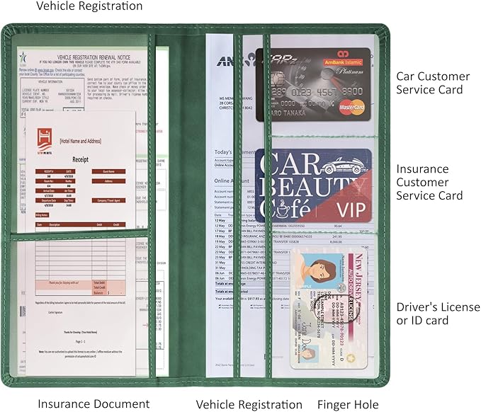 Car Accessories Registration and Insurance Holder,Leather Essential Card Magnetic Shut Vehicle Glove Box Organizer Case for Auto Driver License Document Truck Motorcycle Boat-Green