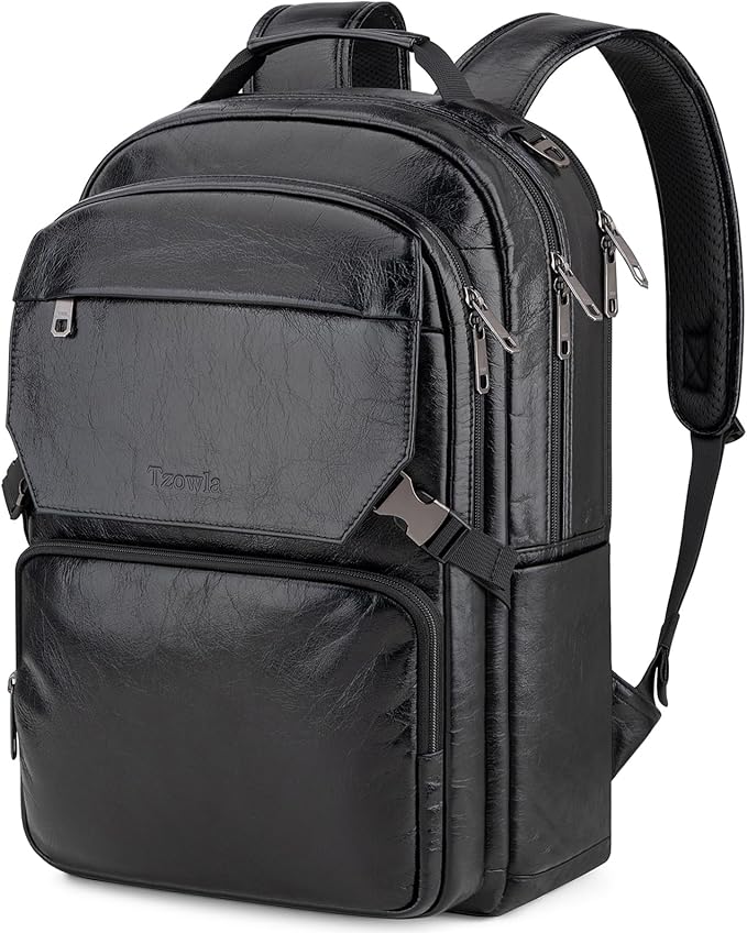 Tzowla Full Grain Genuine Leather Laptop Backpack for Men and Women,Business Work Travel Slim Daypack Fits 15.6 Inch Notebook/Computer-Black
