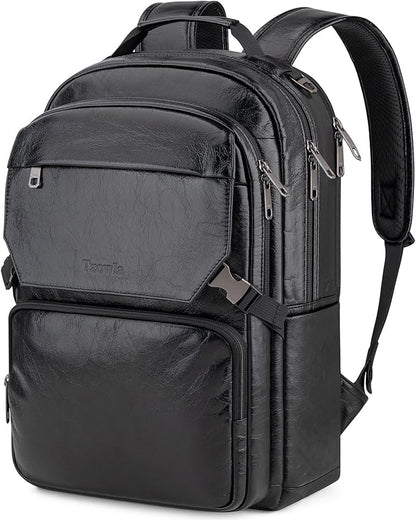 Tzowla Full Grain Genuine Leather Laptop Backpack for Men and Women,Business Work Travel Slim Daypack Fits 15.6 Inch Notebook/Computer-Black