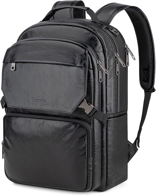 Tzowla Full Grain Genuine Leather Laptop Backpack for Men and Women,Business Work Travel Slim Daypack Fits 15.6 Inch Notebook/Computer-Black