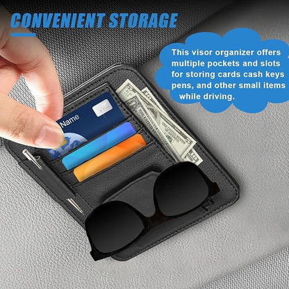 Small Leather Car Sun Visor Organizer - Multifunctional Car Interior Sunglass Holder Auto Visor Document Holder - Auto Card Sleeve Pocket Pouch Organizer for Driving License Registration Pen (Black)