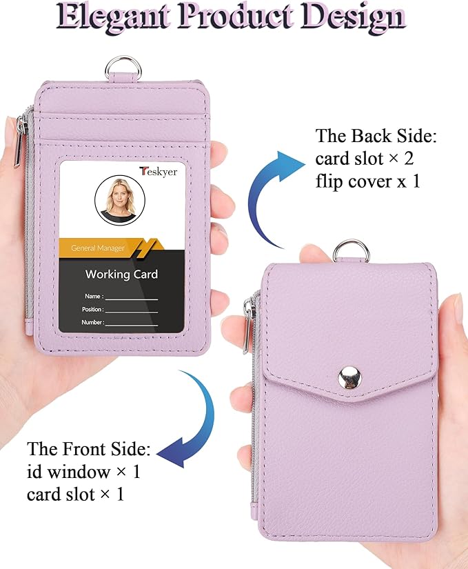 Teskyer Badge Holder with Side Zip Pocket, Multiple Card Slots Leather ID Holder Wallet with Neck Lanyard for Office Staffs, Teachers/Students, Workers, Cruise Cards, Bus/Metro Cards, Lichee Lilac
