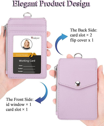 Teskyer Badge Holder with Side Zip Pocket, Multiple Card Slots Leather ID Holder Wallet with Neck Lanyard for Office Staffs, Teachers/Students, Workers, Cruise Cards, Bus/Metro Cards, Lichee Lilac