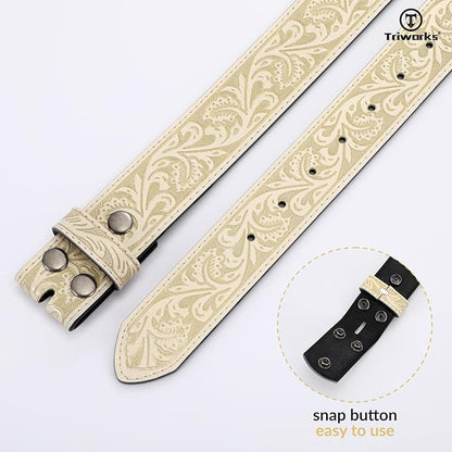 TRIWORKS Western Belt Strap for Men without Buckle 1.5" Wide Floral Engraved Embossed Leather Belt Strap