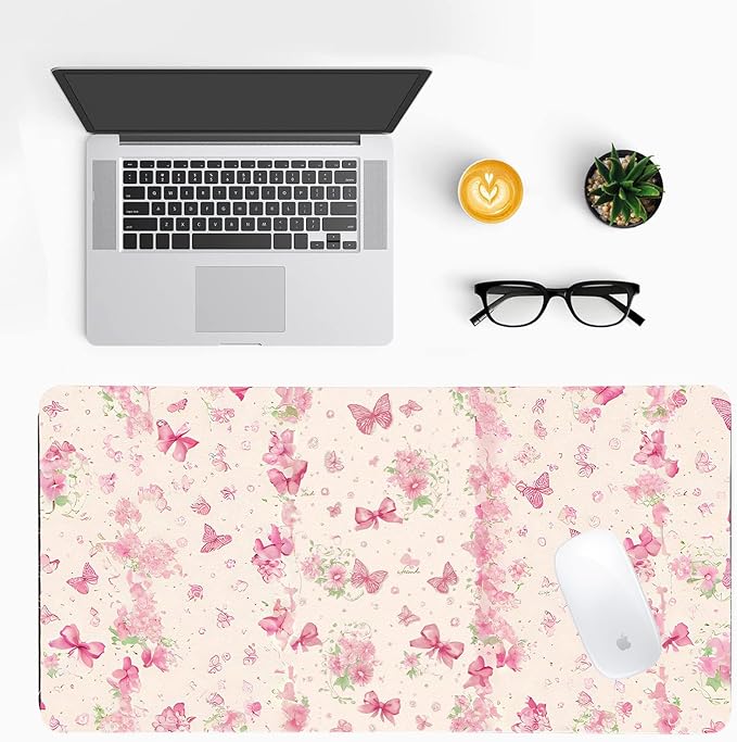 Butterfly Theme Desk Mat for Women, Large PU Leather Desk Pad with Non-Slip Base, Romantic Office Keyboard Mat for Gaming & Home Work, Enchanting Gift Idea(23.6x11.8 Inch)