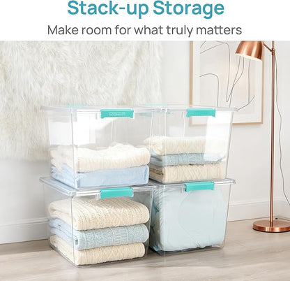 Vtopmart 4 Pack 72 QT Crystal Clear Storage Bins with Lids, 4 Pack Stackable Plastic Large Latching Boxes Totes Tubs Container for Closet Organizers and Storage, Bedroom, Clothes, Bedding