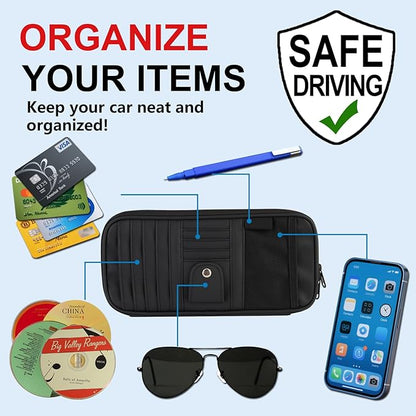 Car Sun Visor Organizer with Extendable Sunshade,Upgraded Version Multi-Pocket Visor Organizer Storage for Car/SUV/Truck with 13CD Holders,Sunglass Clip, Card Holder,Visor Accessories