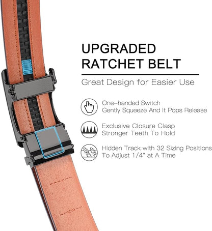 SENDEFN Men's Leather Belt - Automatic Ratchet Slide Buckle, Easy Trim-to-Fit Function, Packaged with Gift Box