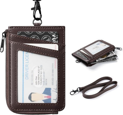 VULKIT Leather Work ID Badge Holder for Lanyard with Zipper Pocket, Work Badge Lanyard for Women and Men, Suitable for Offices Staff, Teacher, Can Hold Coins, Key, Cash, Credit Card, Chocolate Brown