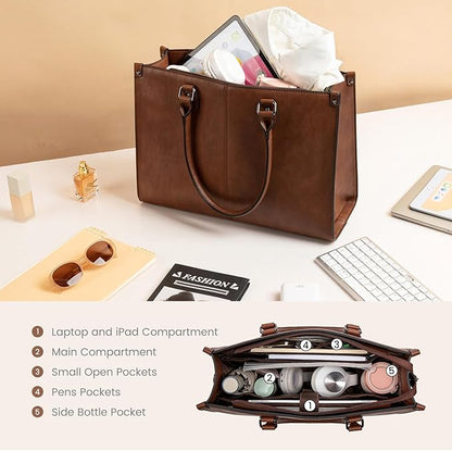 LOVEVOOK Laptop Tote Bag for Women, 15.6 Inch Large Capacity Vintage Leather Work Computer Bag, Business Casual Shoulder Handbag, Chestnut Brown
