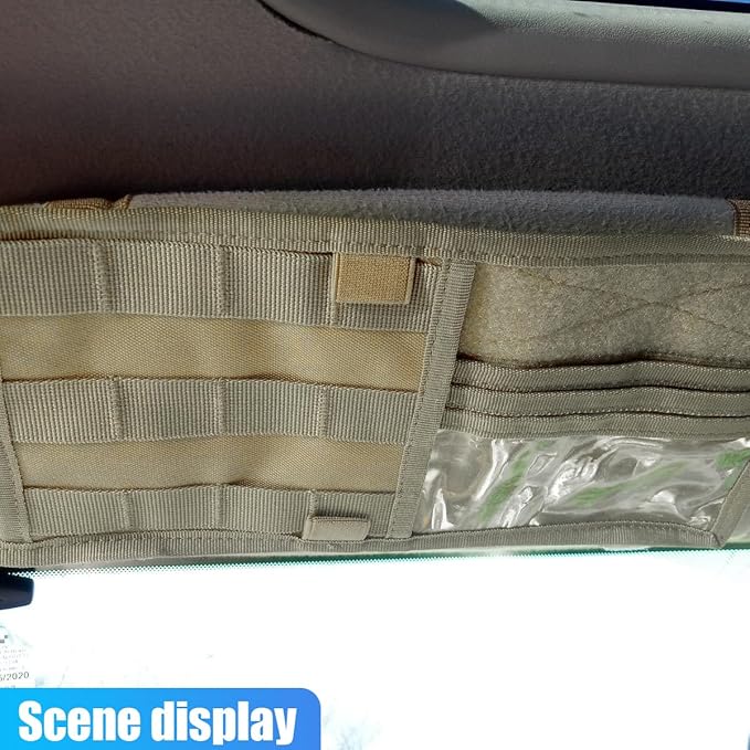 ZIMISI Molle Car Visor Organizer, Tactical Sun Visor Panel Organizer with Elastic Strap, Nylon Sunshade Storage Pouch with Magic Strap for Pen Card Sunglass, Fits for Car, SUV, Truck (Khaki)