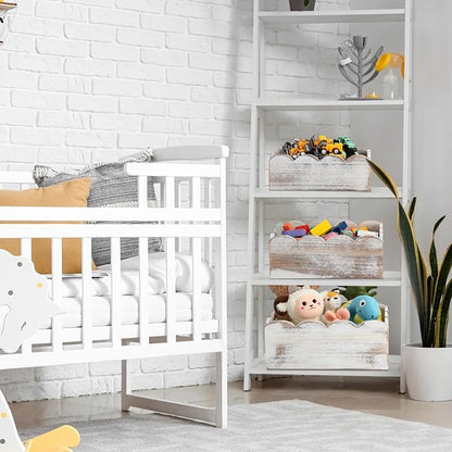 Beeveer 4 Pcs Scalloped Baskets with Handle 4 Size Wooden Countertop Storage Box Multipurpose Fruit Vegetable Crate Rectangular Decorative Serving Tray Organizer for Kitchen Bathroom Home Decor(White)