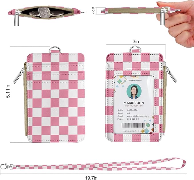 bolimoss ID Badge Holder with Lanyard Wallet for Women Cute Small Card Wallet with Removable Neck Lanyard Side Zipper Pocket Slim Pink Checkered Plaid Leather Credit Card Holder