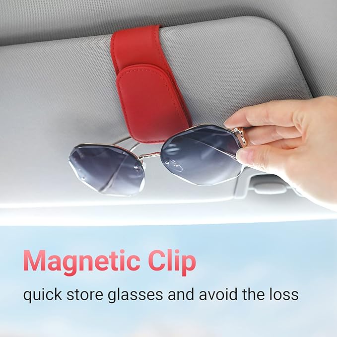 KanSmart Sunglass Holder for Car Visor Sunglasses Clip Magnetic Leather Glasses Eyeglass Holder Interior Car Accessories for Woman Man - 2 Packs Red